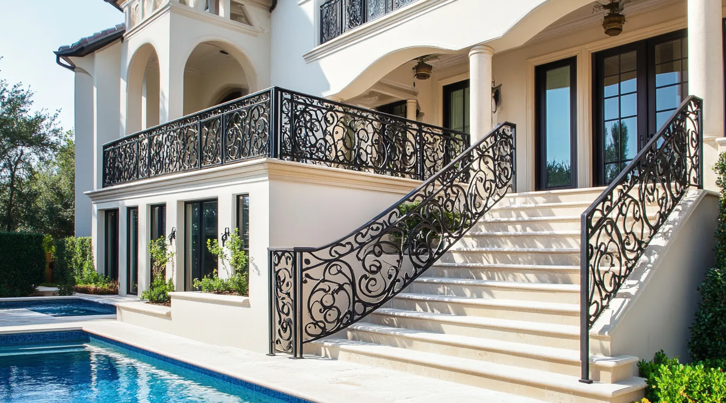 Ornamental wrought iron railings on a residence