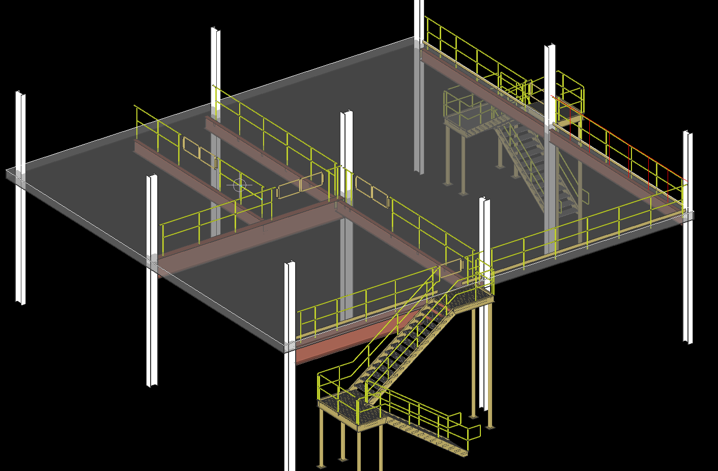 Mezzanine platform with stairs and railings